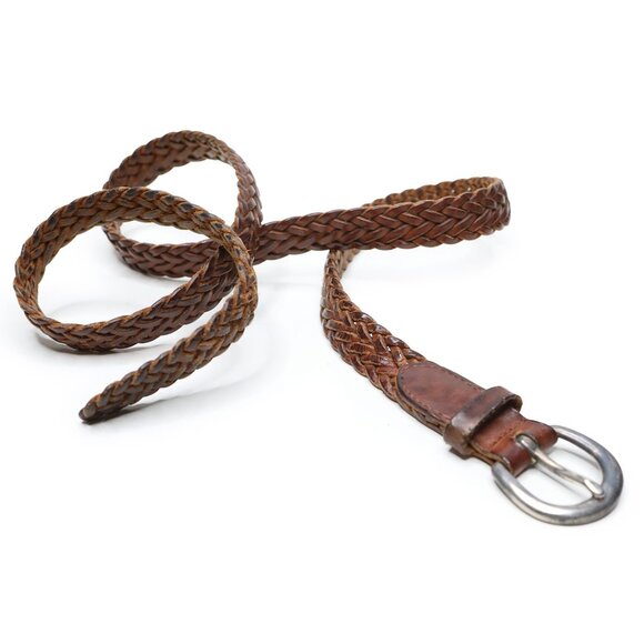 Vintage Fossil Brown Braided Leather Belt Silver Round Buckle Dark Academia LG - Picture 9 of 11